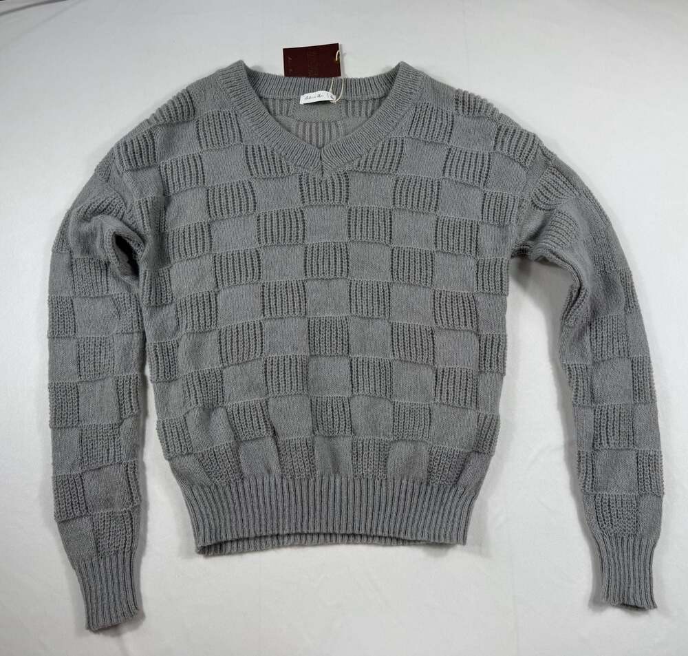 Active USA Women's Winter Collection Gray Checkerboard V-Neck Knit Sweater